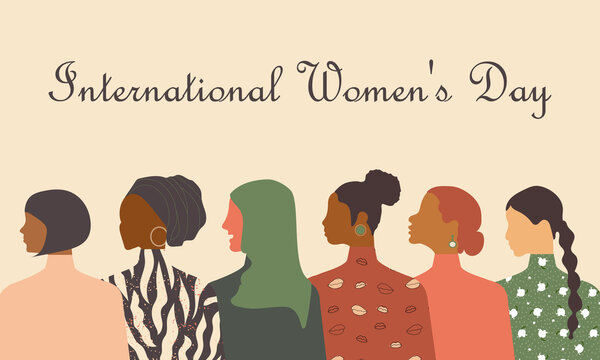 Postcard with International Women's Day. Poster template with women of different nationalities and religions. Pink pastel background. 