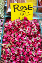 Red rose tea made from organic dried roses is ready for sale at the spice shop.