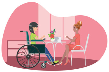 Girl in wheelchair drink coffee with friend