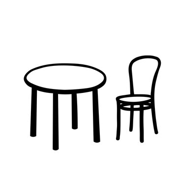 Black Vector outline illustration of a room with a table and a chair on a white wall background