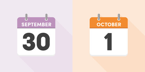 9月の終わりと10月の始まりの秋のカレンダーセット：9月30日と10月1日の日めくりカレンダー