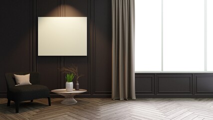 Black modern classic interior with black armchair.,view outside the room and the brown wooden floor.3D rendering