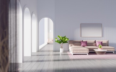 Interior is decorated with sofas in pastel tones. Has a shallow depth of field with frame on the wall, 3D illustration