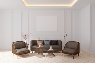 Living studio in modern classic style with photo frame, 3D rendering, 3D illustration.