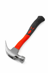 Modern metal hammer with the plastic handle. Close-up on a white background.
