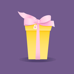 a yellow gift box tied with a pink ribbon with a bow. isolated image.