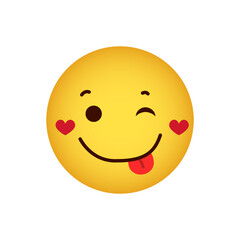 Love. Love emoticon with hearts on cheeks, happy winking yellow face with tongue on a white background, vector icon