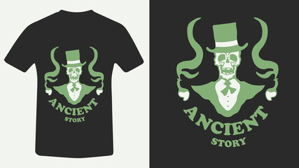 Green t-shirt designe "Ancient story" in flat style