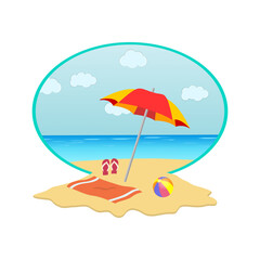 Obraz na płótnie Canvas Summer trip. Beautiful landscape, summer holidays in a round frame, sand flows out of it. A beach scene with an umbrella, a beach ball, flip-flops. White background