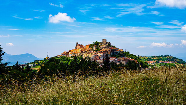 view of the old town of Buccino, Salerno, Campania, Italy. Village with wheat field