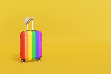 Suitcase with the colors of the rainbow flag isolated on yellow background whit copy space. 3d illustration.