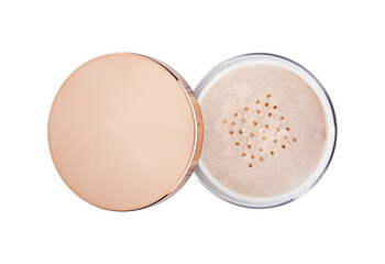 open jar of powder on a white background