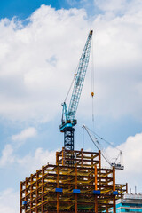 Fototapeta na wymiar building construction site and cranes with the blue sky background