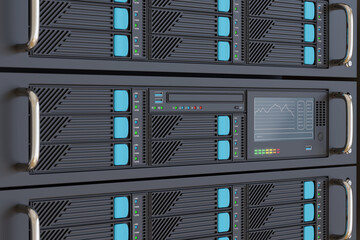 Computer server rack close up. Selective focus. 3d illustration.