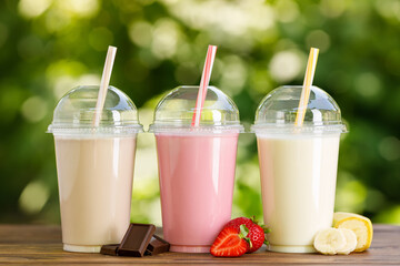 set of different milkshakes in disposable plastic glasses