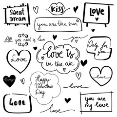 Valentine's Day set of symbols.Calligraphy. Vector illustration. Black and white on white background. set of hand lettering wedding invitation and romantic

