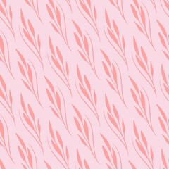 Floral seamless vector pattern with pink leaves on a light pink background. For textile, packaging, surface design.