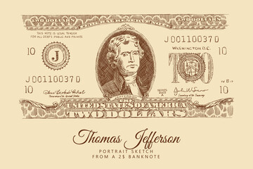 Sketch of a $ 2 banknote with a portrait of Thomas Jefferson, the US currency. Engraving portrait of the President of America. Vintage brown and beige card, hand-drawn, vector. Old design.