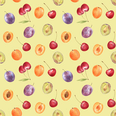 Fruit seamless pattern with cherries, plums and apricots on a vibrant yellow-green background. Watercolor hand drawn elements. Juicy and bright artwork for summer projects. 