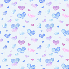 Watercolor seamless pattern with blue and pink hearts on light blue background. For romantic occasions, wedding decor, Valentine's Day. 