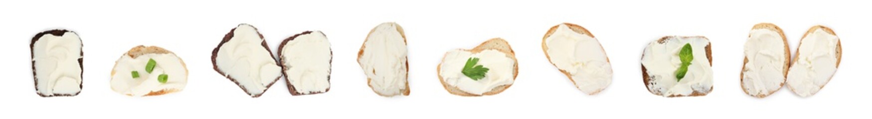 Set of bread with cream cheese on white background, top view. Banner design