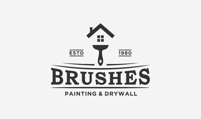 house painter logo design with the brush and house element.