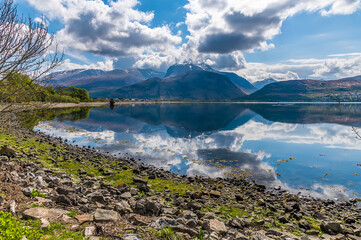 A view from Corpach across Loch Eil towards Fort William, Scotland on a summers day