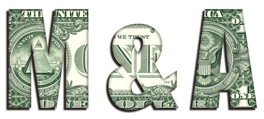 M&A Mergers and Acquisitions Concept Word 1 US Dollar Banknote Money Texture on White Background