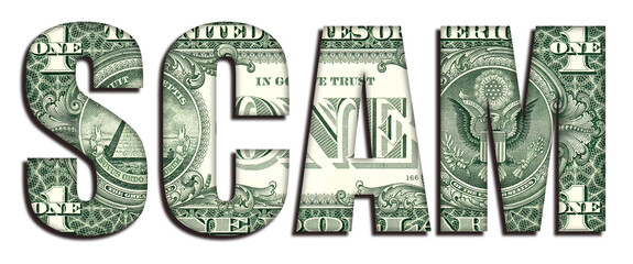 SCAM Concept Word 1 US Dollar Banknote Money Texture on White Background