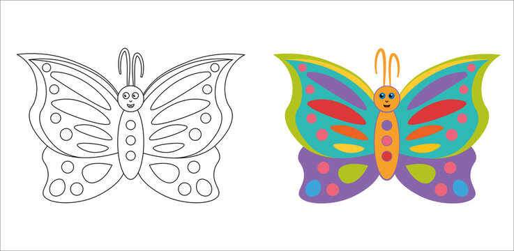 school or preschool children and kids, colorful butterfly to color. Coloring book, two butterflies on white background. Coloring worksheet. 