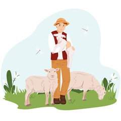 A young man or boy farmer holds a young lamb in his arms. The guy takes care of the sheeps. A farmer stands on a green lawn with lambs. Vector illustration domestic animal in flat style