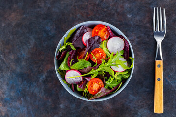 Healthy salad, leaves mix salad. Vegan salad with cherry tomatoes, radish and mix salad. Keto or paleo diet concept. Copy space. Top view