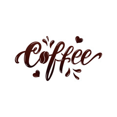 Coffee handwritten word isolated on white background. Elegant modern brush ink calligraphy. Hand lettering for poster, postcard, label, sticker, logo. Vector illustration for coffee shop, cafe, bar