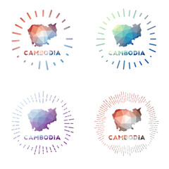Fototapeta na wymiar Cambodia low poly sunburst set. Logo of country in geometric polygonal style. Vector illustration.