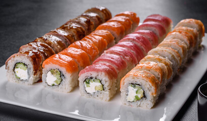 Delicious fresh rolls in various sets. Japanese food with avocado, shrimp, crab and salmon