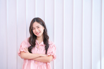 Happy woman smile on white wall background