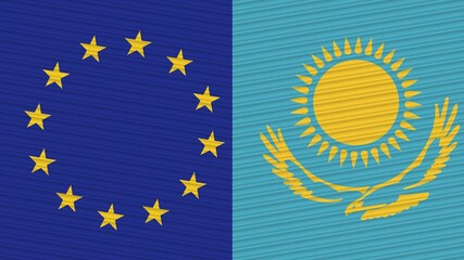 Kazakhstan and European Union Flags Together - Fabric Texture Illustration