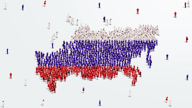 Russia Map and Flag. A large group of people in the Russian flag color form create the map. 4K Video Animation.