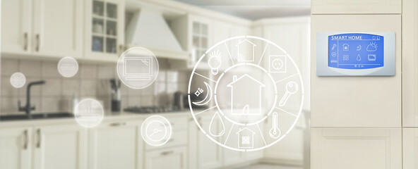 Smart home technology concept banner. Touch screen display of modern house control unit. Beige background.