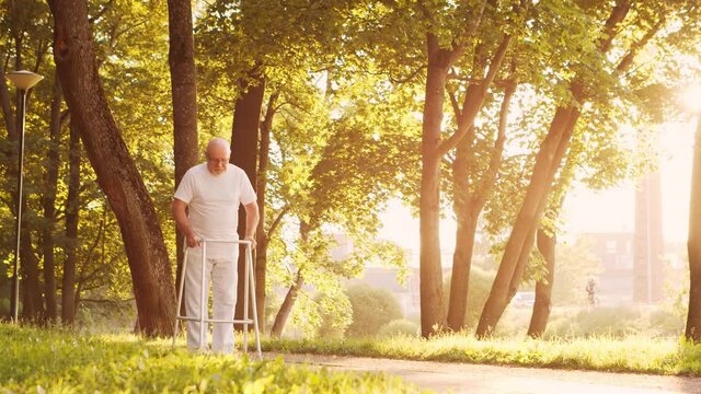 Disabled old man is walking with a walker. Handicapped patient in the park. Assistance, rehabilitation and health care. Golden hour sunset.