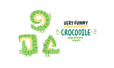 Cute naughty crocodile. Different poses simple kids naive funny cartoon style. Illustration for an album, poster, clothing, fabric - obrazy, fototapety, plakaty