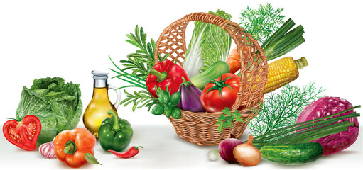Vegetables and herbs in basket on a white background. Mesh vector