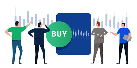 buy stocks green button market transaction trader analyst investor look into candlestick chart predicting taking profit cut loss
