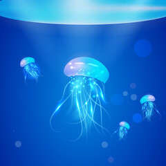Hand-drawn sketch isolated jellyfish. Realistic Detailed 3d Transparent Jellyfish in The Water. 