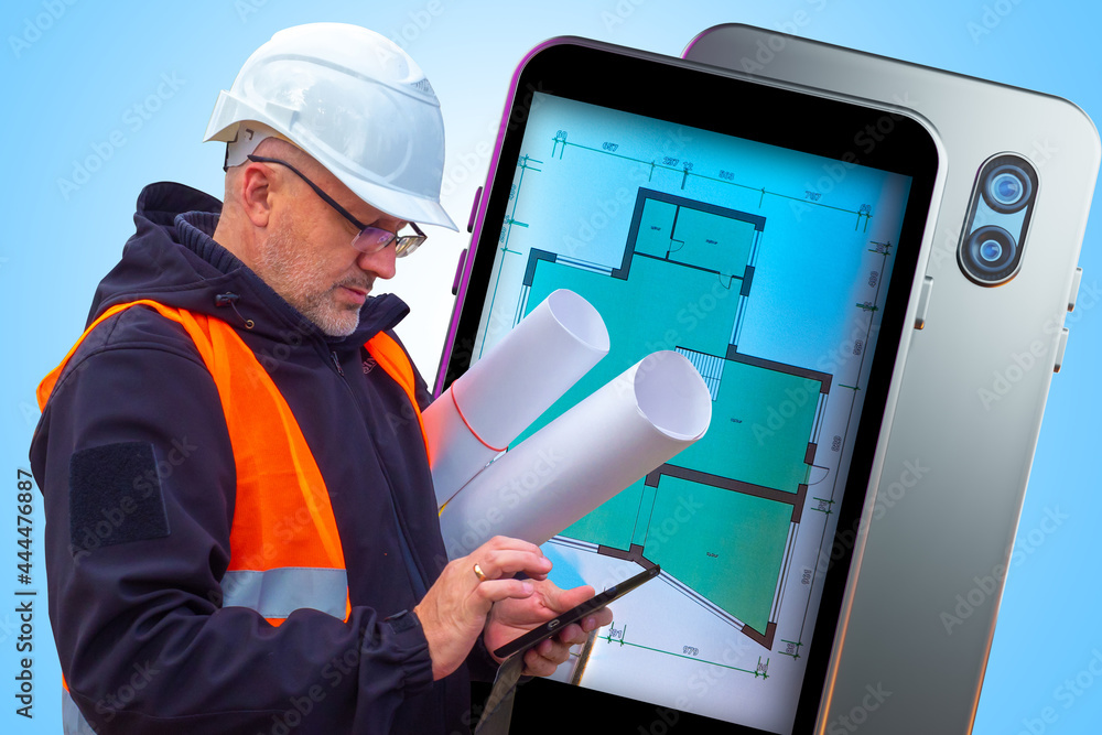 Aufkleber architect builder with smartphone. architectural plans on phone. builder uses phone to work. applica