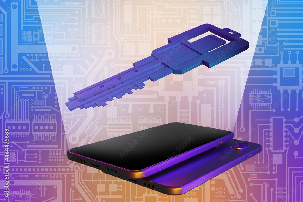 Poster digital key in phone. metaphor electronic digital signature. cyber security concept. internet access