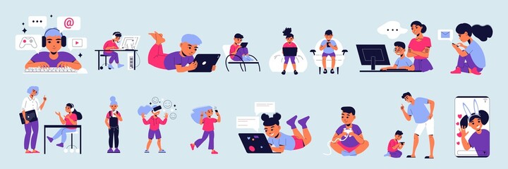 Children Gadget Addiction Color Set © Macrovector