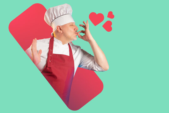 Cook makes a delicious gesture with his hands. Chef in white-red robe. Cook on white green background. Concept shows that he liked it lot. Gesture is delicious from chef. Portrait of chef