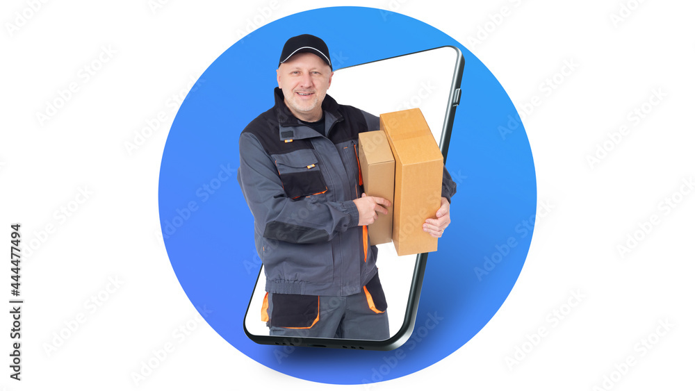 Poster man courier in uniform. portrait of courier in gray uniform. delivery man with boxes in his hands. a