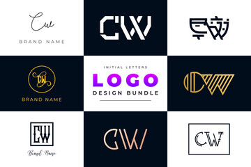 Set of collection Initial Letters CW Logo Design.